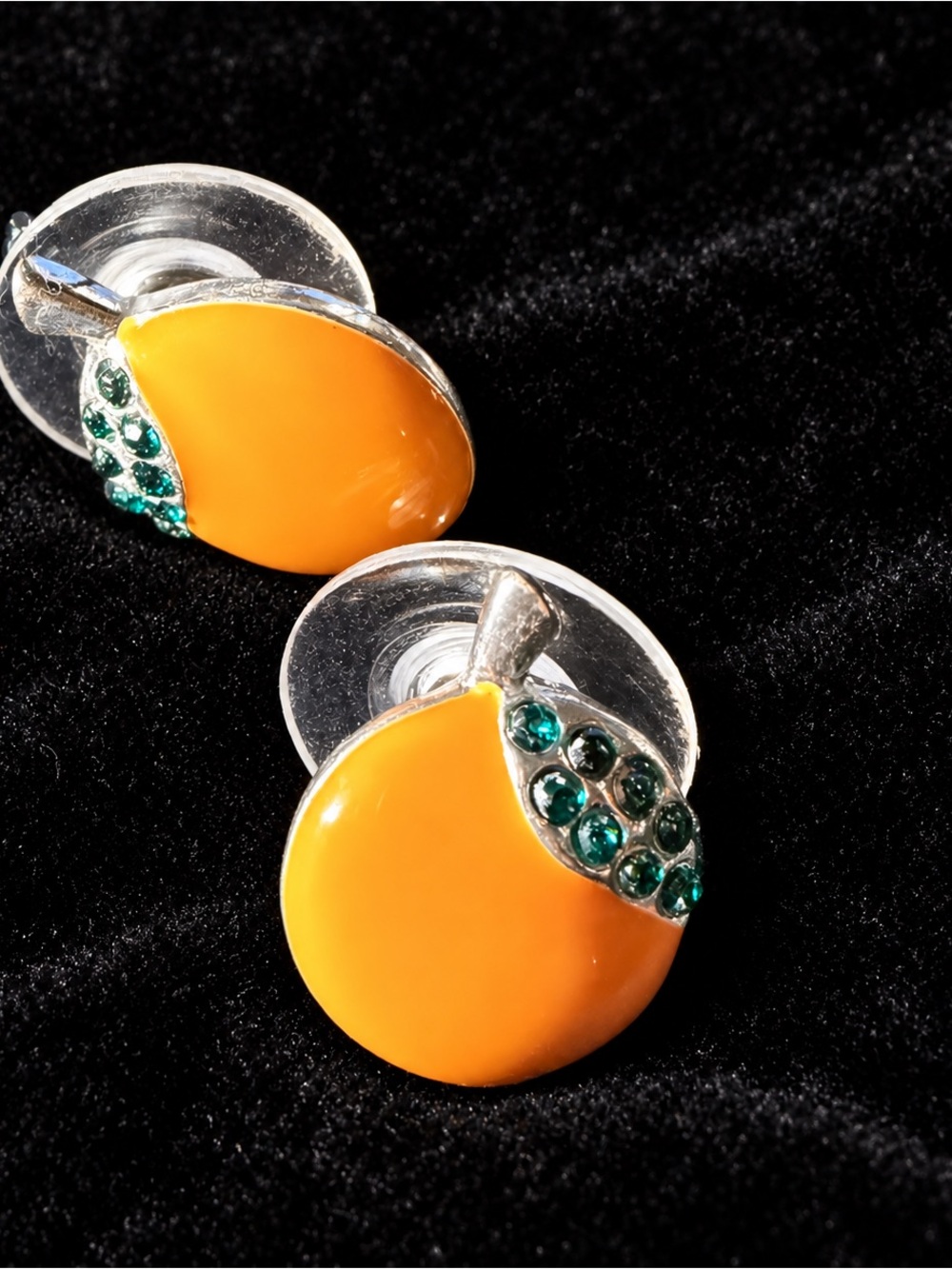 Orange Earrings with Green Rhinestone Leaves Post Style - Picture 2 of 2